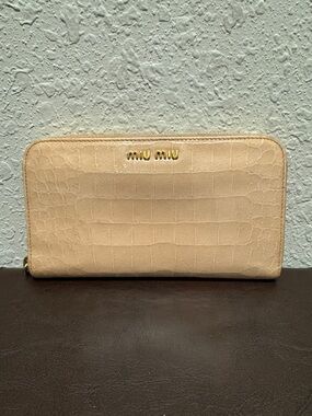 Miu Miu Cream Croc-Embossed Zip Around Wallet